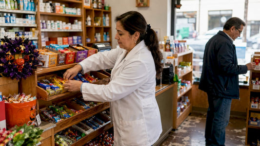 Pharmacy checkout candy display with customer and pharmacist