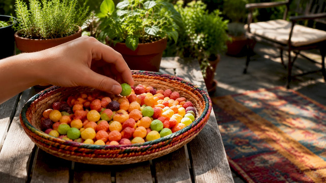 Close-up of freeze-dried Skittles on wooden table