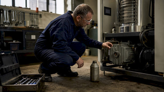 Technician inspecting freeze dryer pump oil level