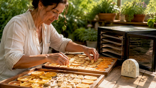 Woman preparing fruit for dehydration in kitchen