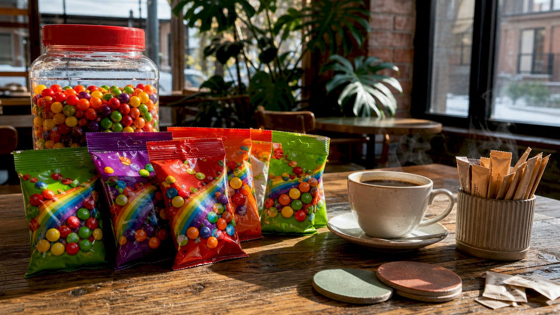 Skittles packages arranged on kitchen countertop