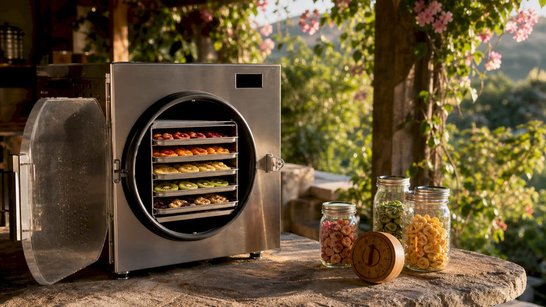 Freeze dryer machine tray with fruit pieces