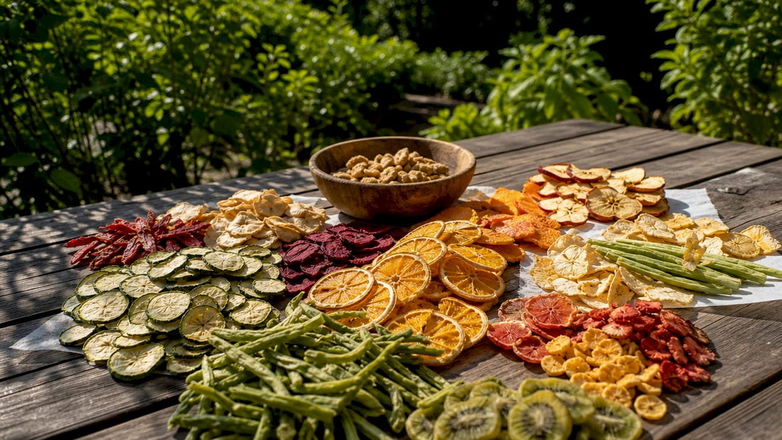 Assorted freeze dried and dehydrated foods on wooden surface