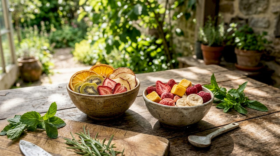 Top-down view of dehydrated and freeze dried fruit bowls