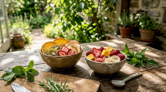Top-down view of dehydrated and freeze dried fruit bowls