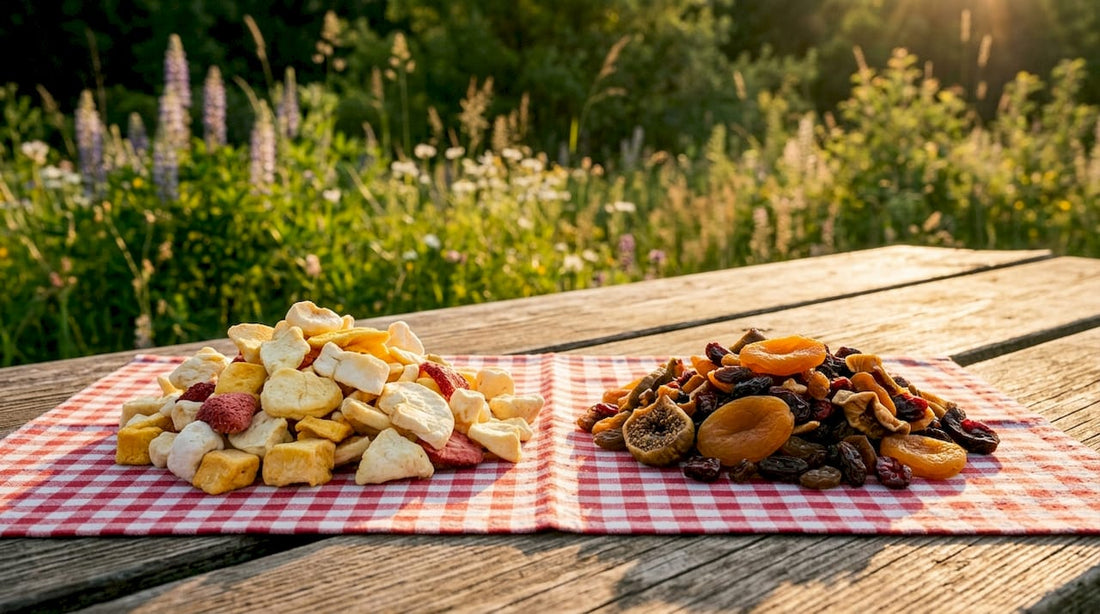 Top-down view of freeze-dried and dehydrated foods