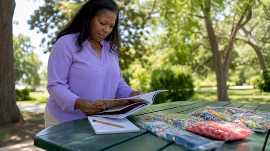 Woman reviewing bulk candy supplier catalogs
