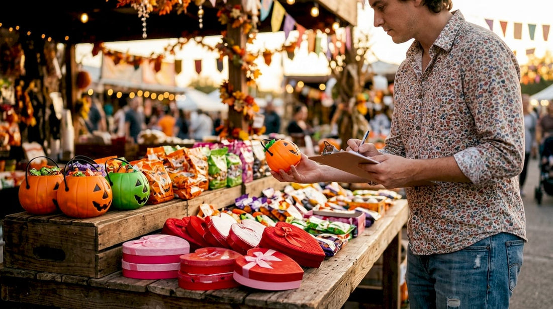 Retailer reviewing seasonal candy aisle display