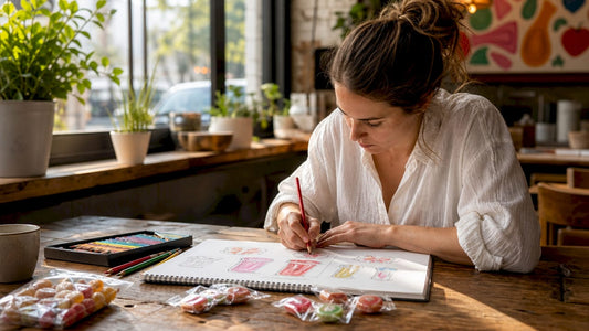 Designer sketching candy packaging concepts