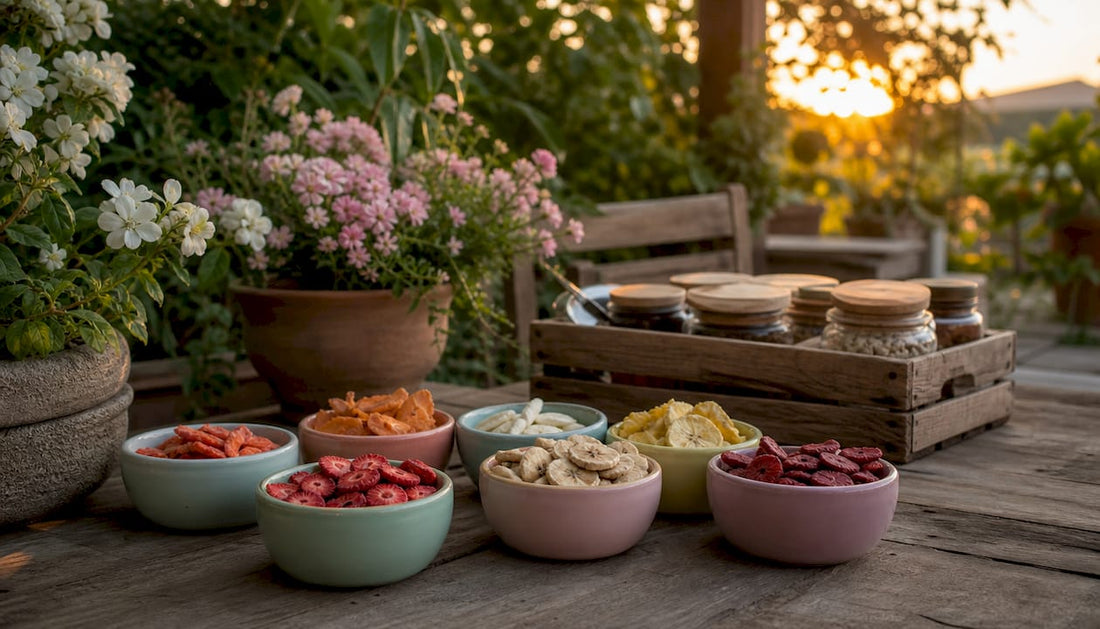 Close up of freeze dried fruit pieces on plate