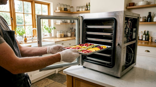 Freeze dryer machine with trays of fruit slices