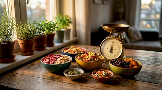 Jars of freeze dried and dehydrated foods on kitchen counter