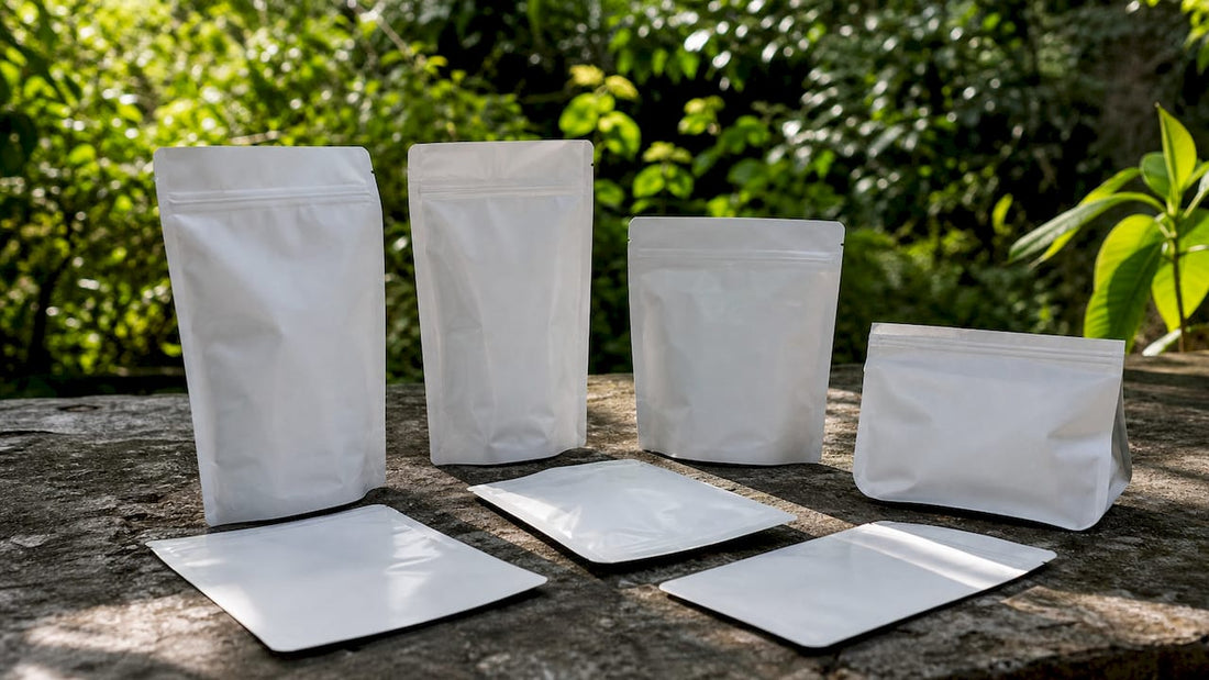 Various empty sweet pouch packaging types on table