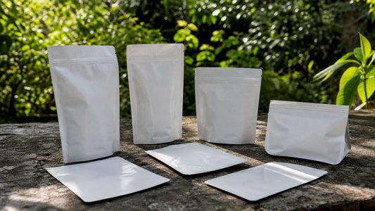 Various empty sweet pouch packaging types on table
