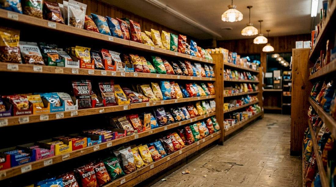 Colorful snacks on convenience store shelves