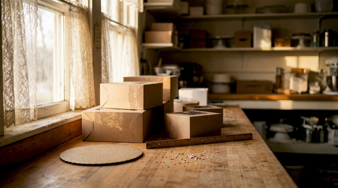 Personalized cake boxes on bakery table