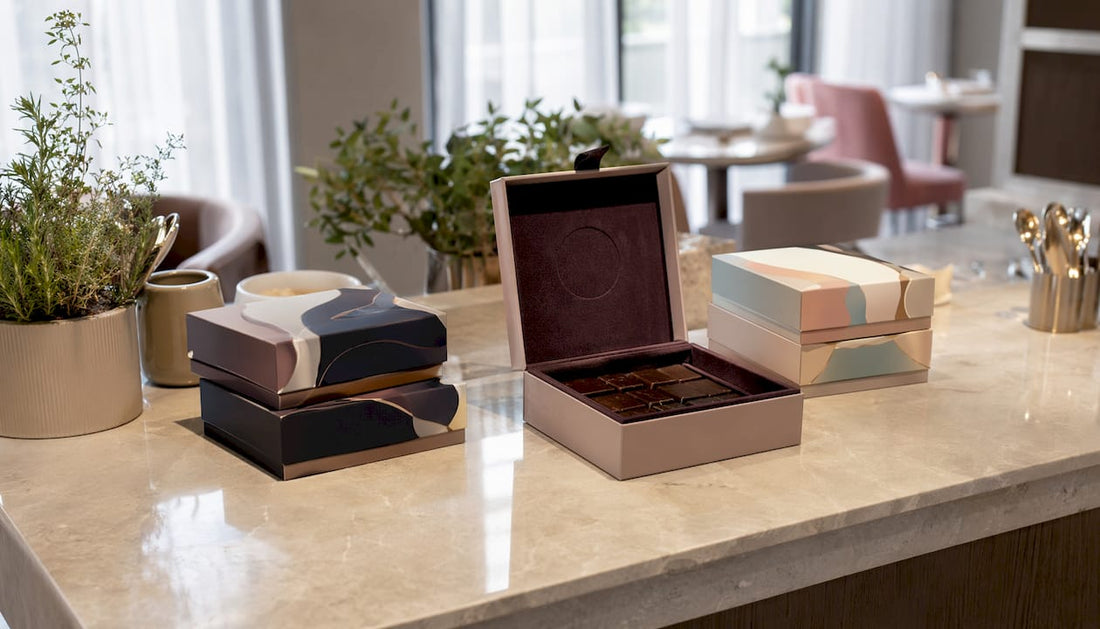 Luxurious chocolate packaging on wooden table