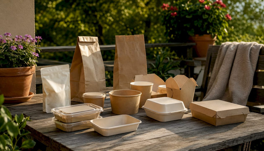 Table with assorted food packaging samples and devices