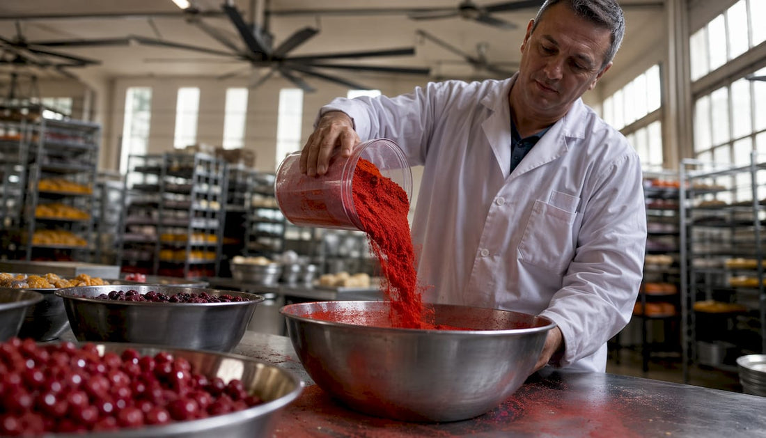 Hands holding freeze dried acerola powder over mixer