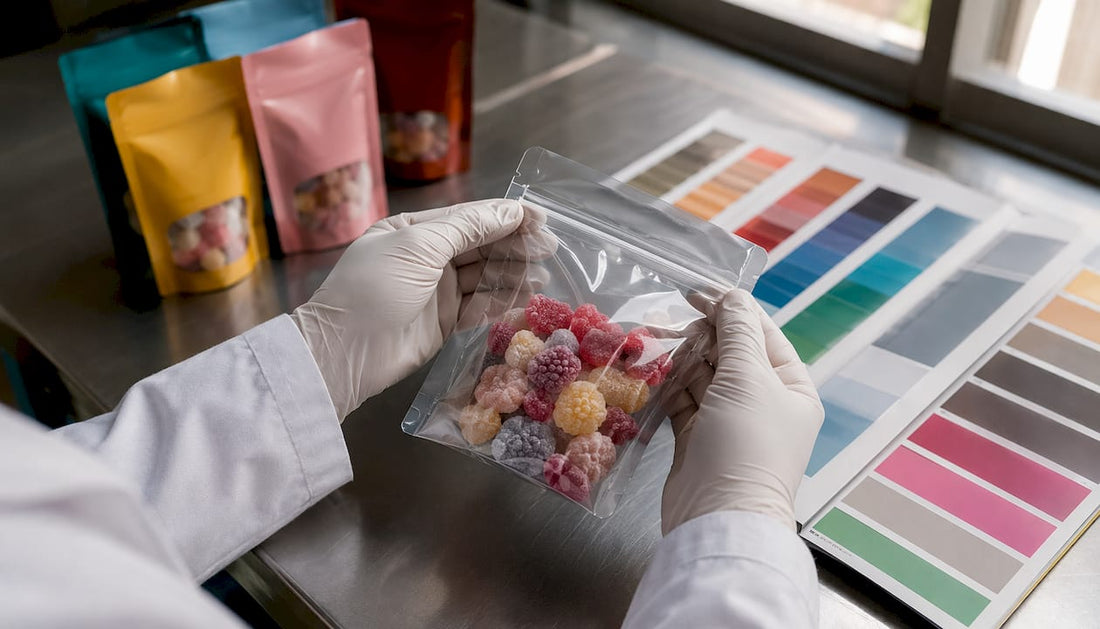 Hands inspecting gummy packaging features
