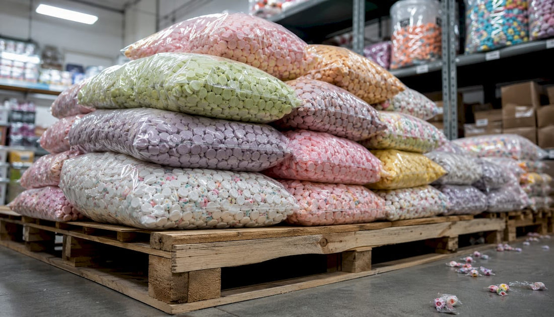 Pallet of bulk unwrapped Smarties bags