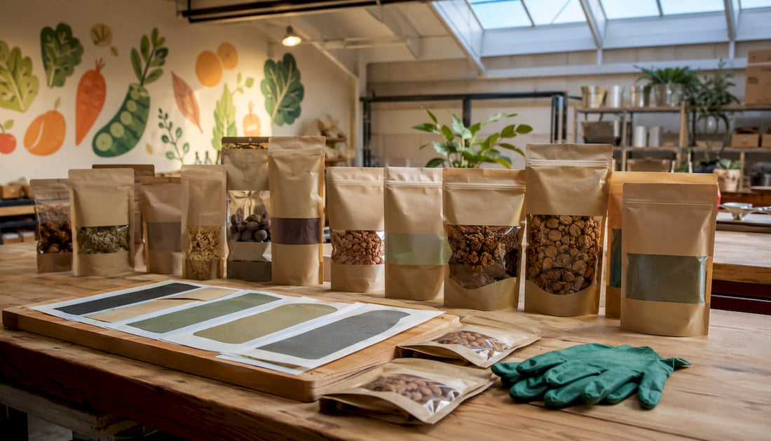 Custom snack packaging on production table