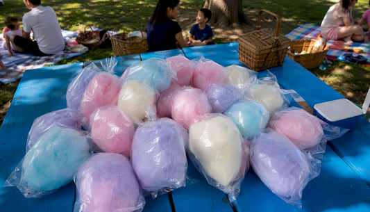 Packaged cotton candy sweets on store shelf