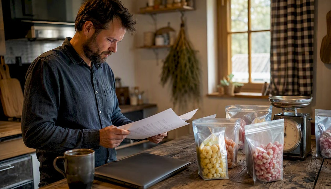 Entrepreneur reviewing freeze-dried candy regulations