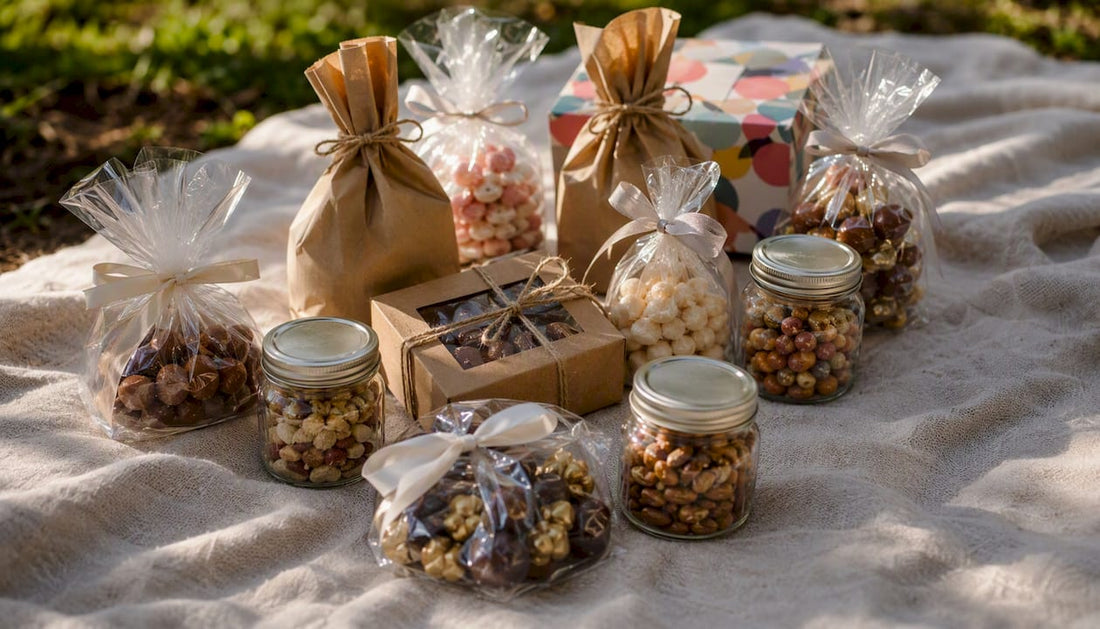 Assorted small food gift packages on wood