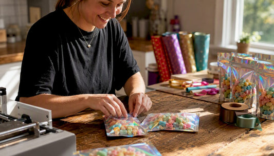 Hands sealing freeze-dried candy gift packages