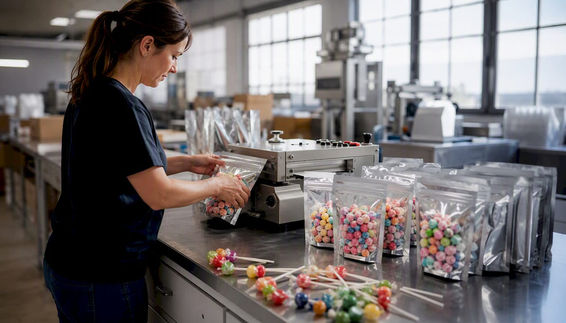 Hands sealing freeze dried candy bag