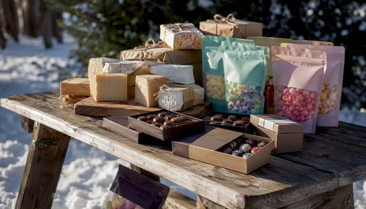 Assorted gourmet food gifts on rustic wooden board