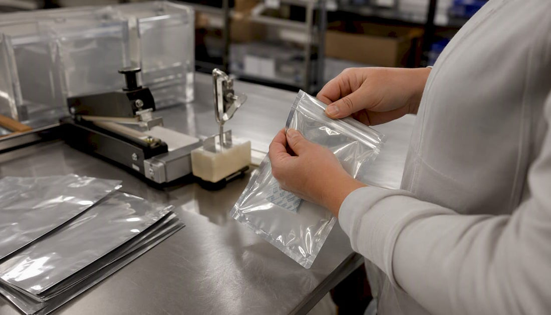 Hands sealing foil pouch with oxygen absorber