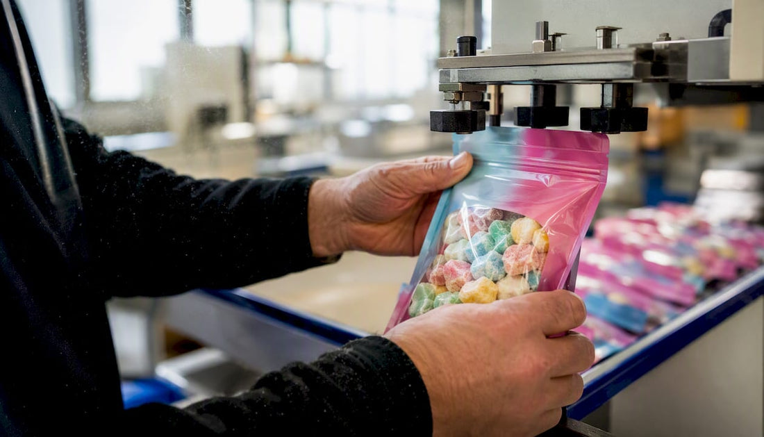 Hands sealing candy bag on factory line