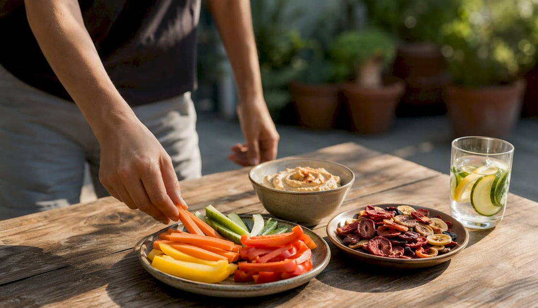 Hand preparing balanced healthy snack with veggies and nut butter