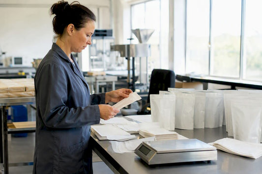 Technician inspecting food packaging labels