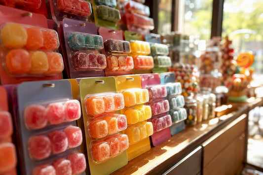 Blister packs with freeze dried candy on retail shelf