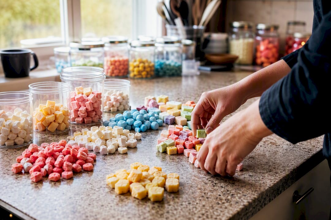 Hands sorting snack samples in meeting