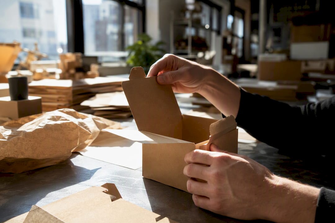 Hands assembling food packaging box