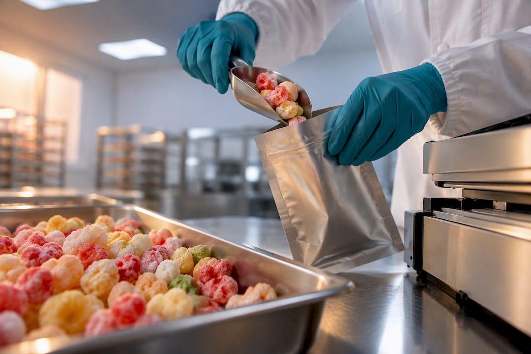 Hands sealing freeze-dried candy pouch