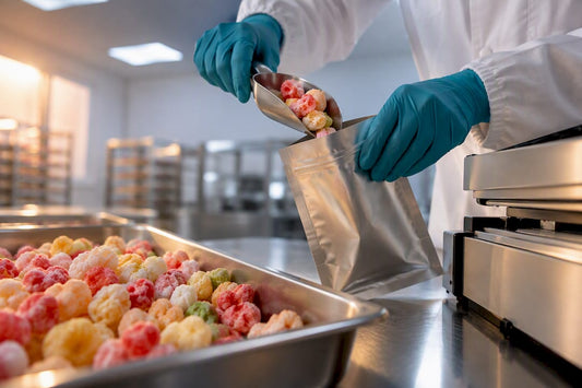 Hands sealing freeze-dried candy pouch