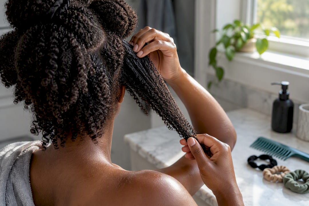 Damp 4C hair being gently stretched