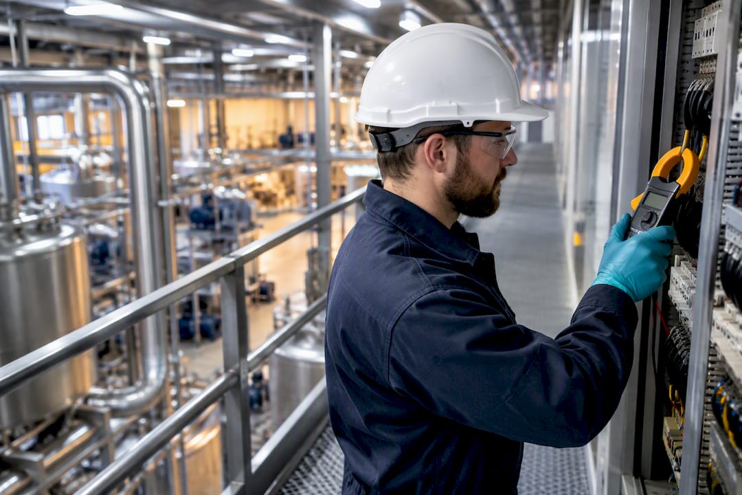 Technician measuring factory power use