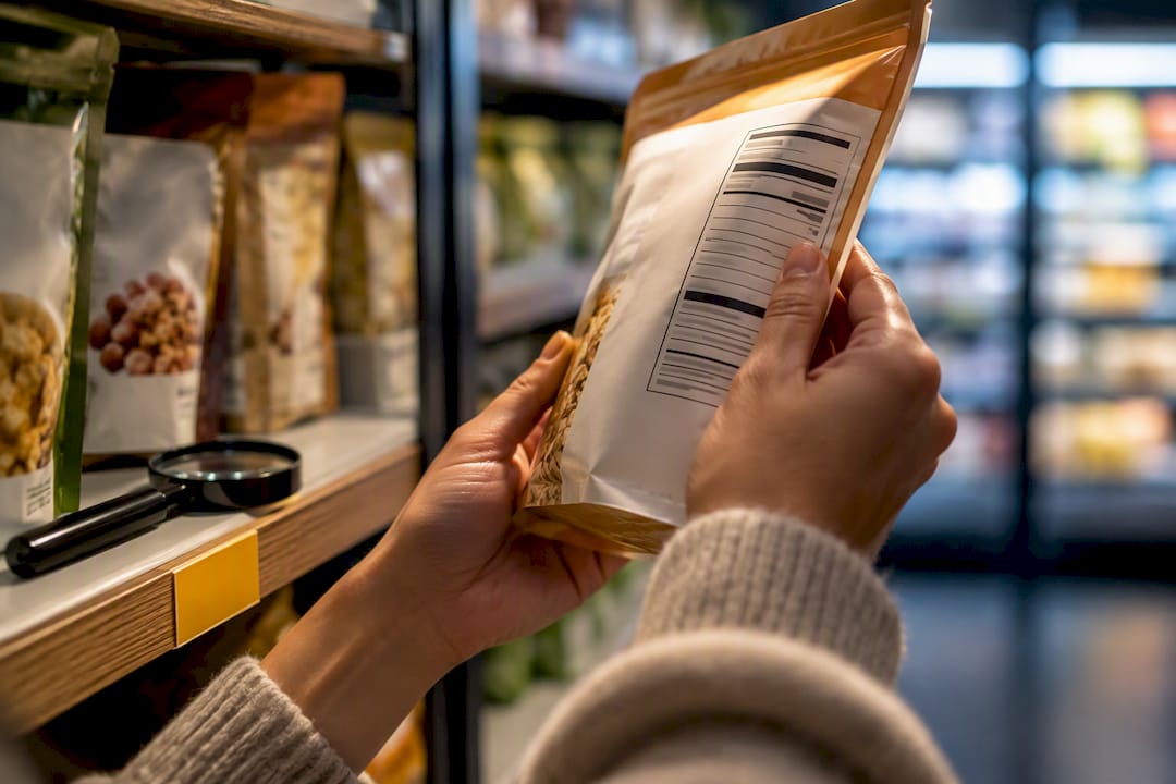 Hands checking a cropped nutrition label