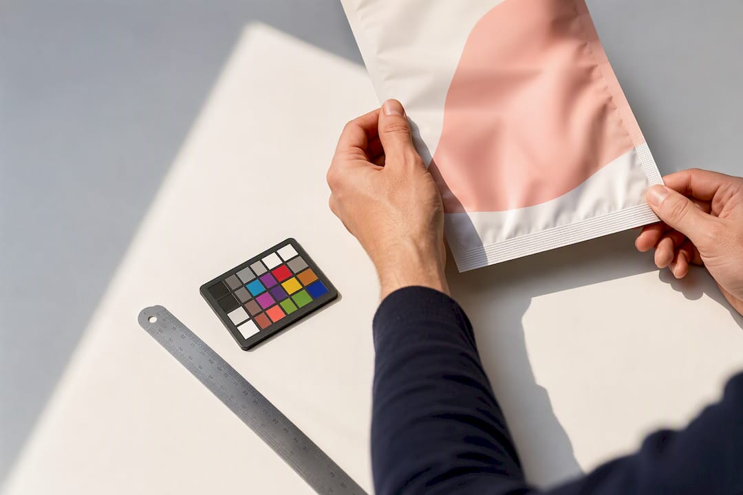 Hands checking an anonymous food label panel
