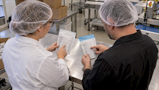 Packaging staff reviewing allergen label declarations