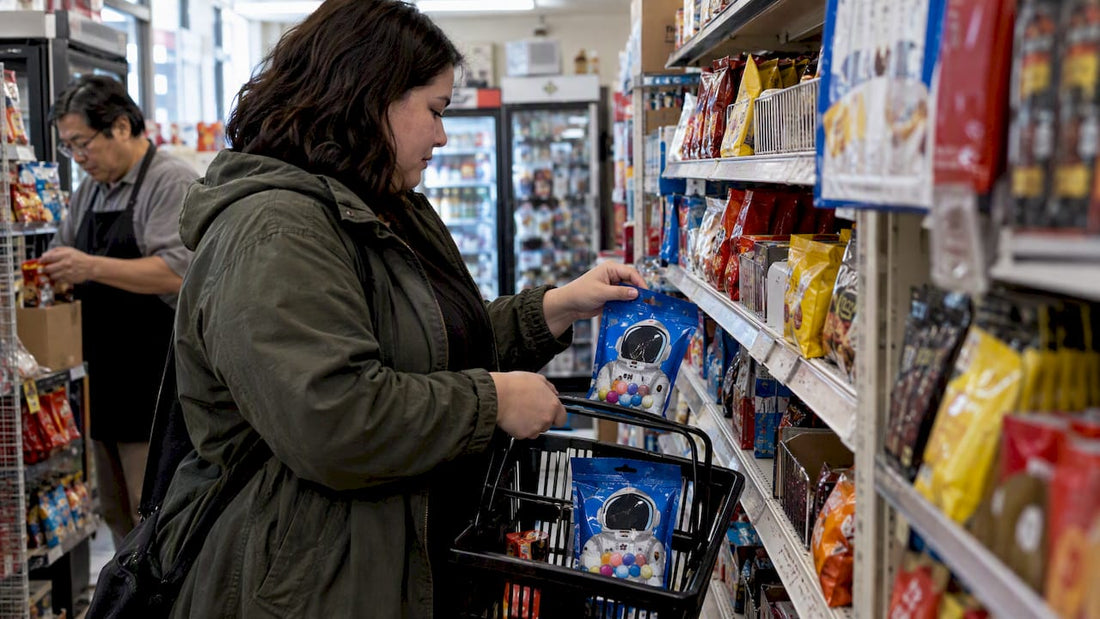 Shopper choosing repeat snack purchase