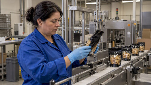 Technician checking snack pouch allergen label