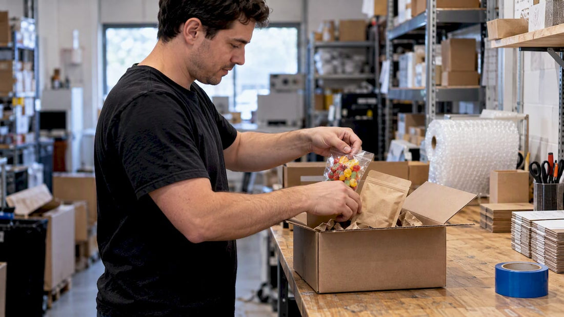 Owner packing candy rewards into an order