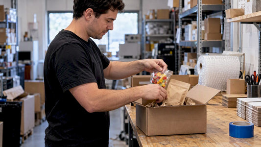 Owner packing candy rewards into an order